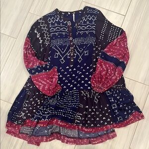Free People Navy, Pink and Purple Patterned Babydoll Dress
